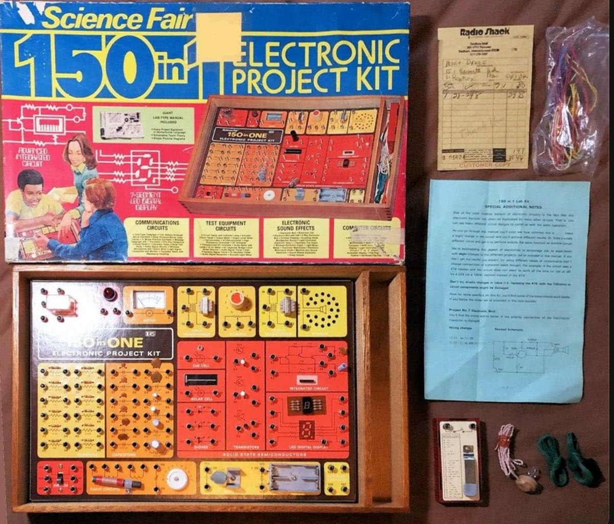 Science Fair 150 in 1 — the box, the tray, and a Radio Shack receipt